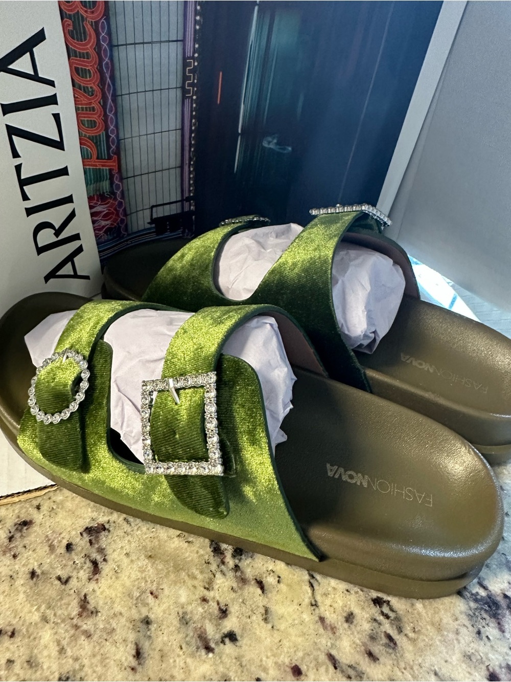 Green Velvet Slide Sandals with Rhinestone Buckles